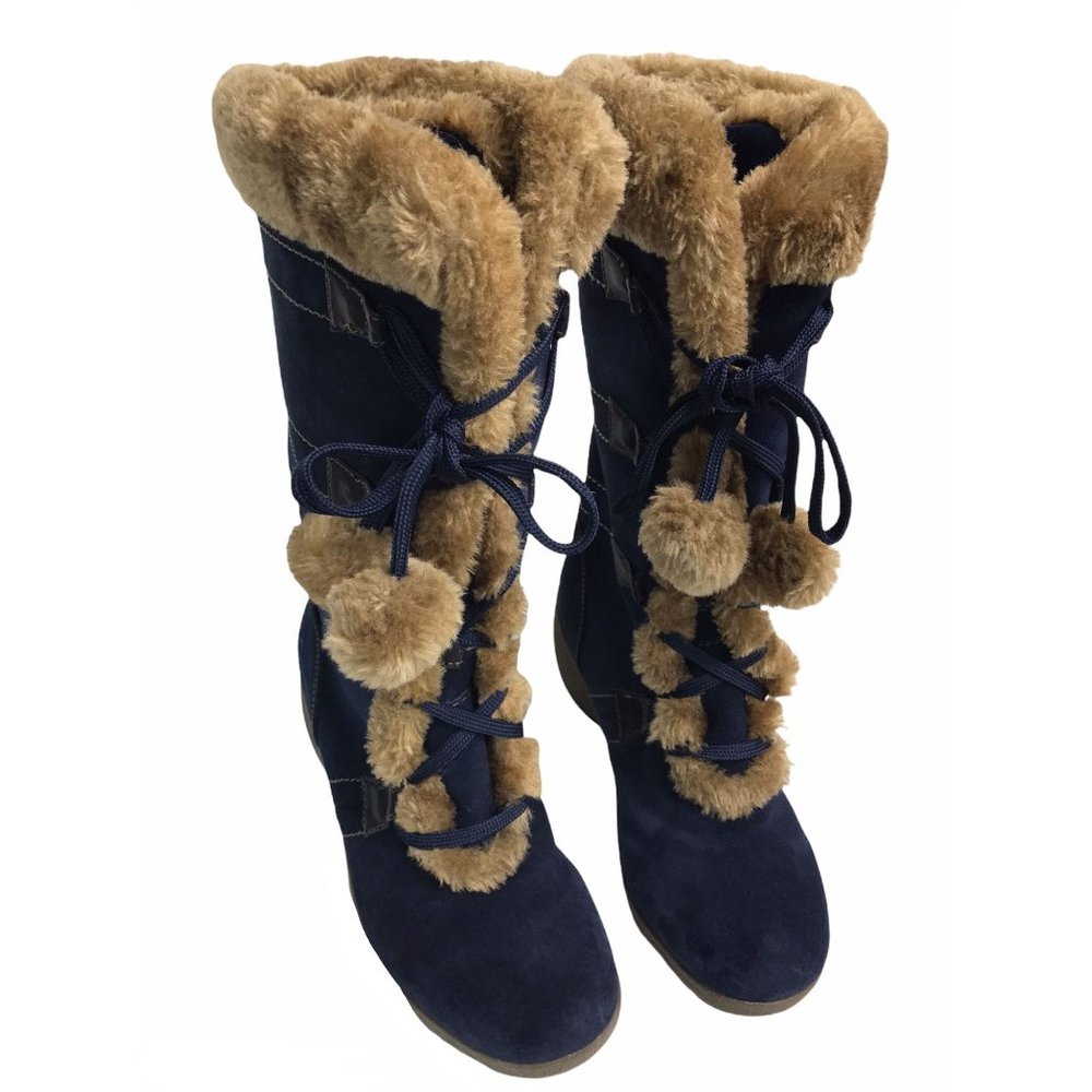 Sporto Waterproof Suede Fur Trim Tall Boots 6.5 Pom Pom Lace Up - Picture 6 of 12